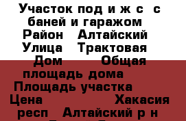 Участок под и.ж.с. с баней и гаражом › Район ­ Алтайский › Улица ­ Трактовая › Дом ­ 37 › Общая площадь дома ­ 24 › Площадь участка ­ 25 › Цена ­ 1 500 000 - Хакасия респ., Алтайский р-н, Белый Яр с. Недвижимость » Дома, коттеджи, дачи продажа   
